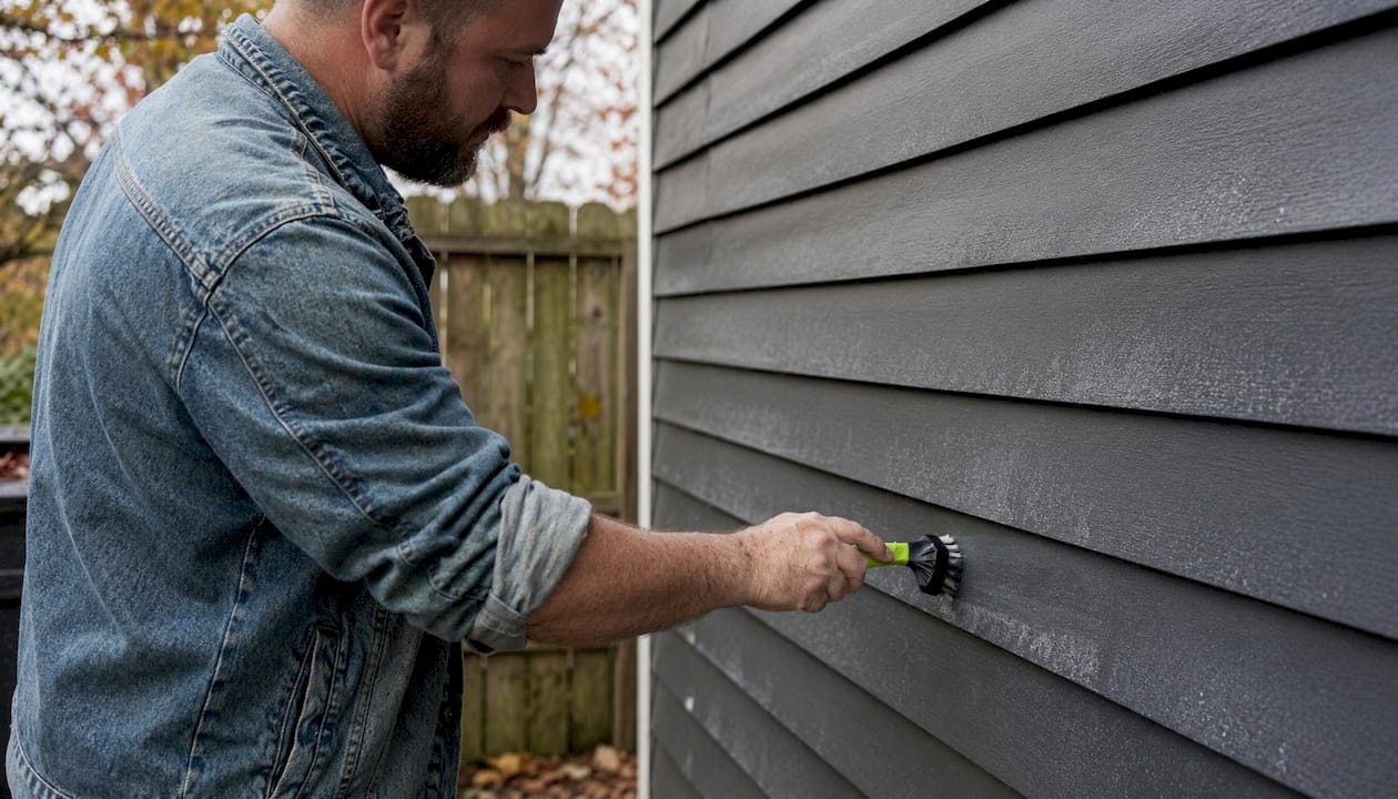 Homeowner wiping chalky residue from siding