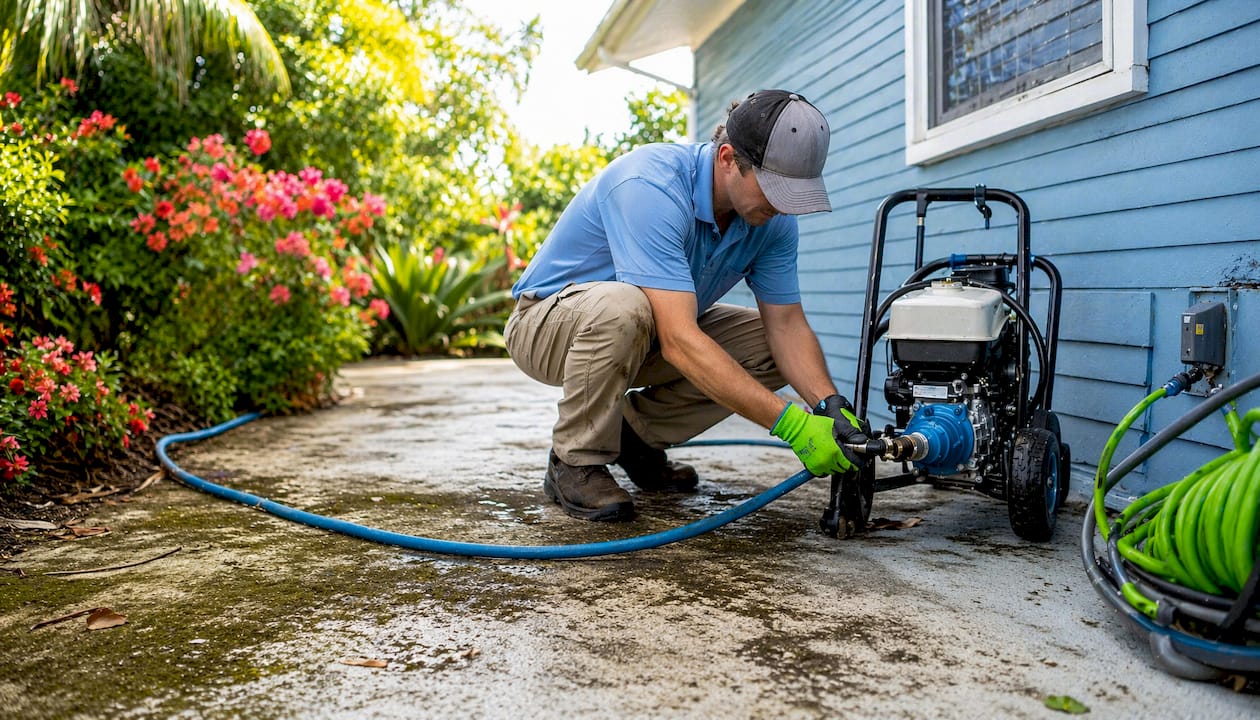 Driveway and siding with algae stains, cleaning setup