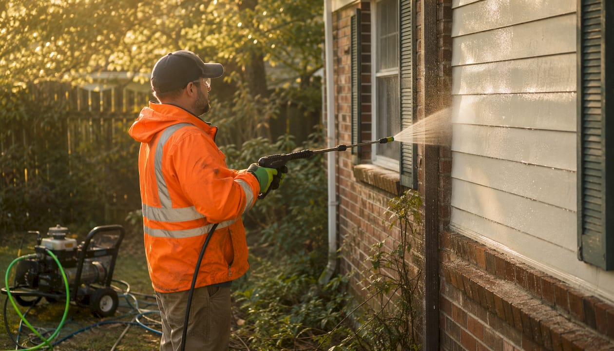 Professional soft washing house siding gently