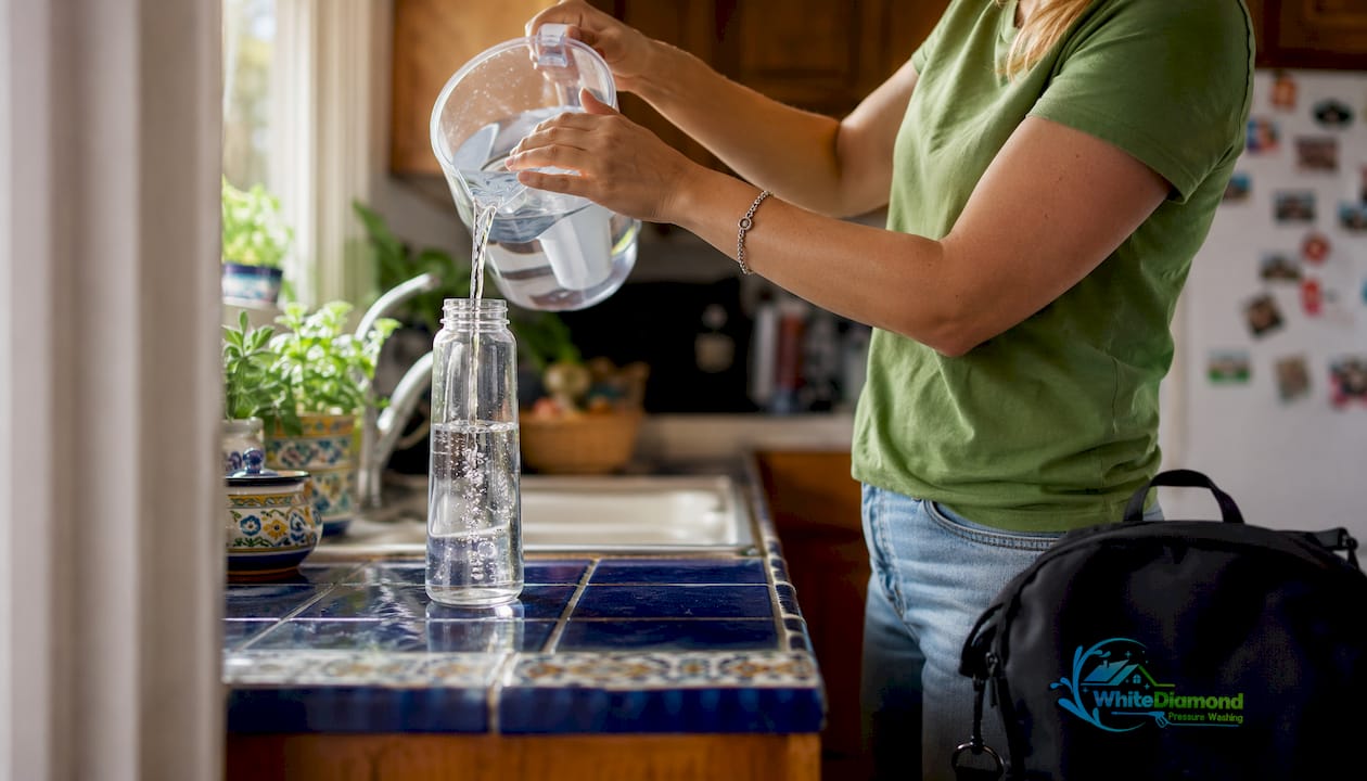 Hands filling spray bottle with filtered water for cleaning
