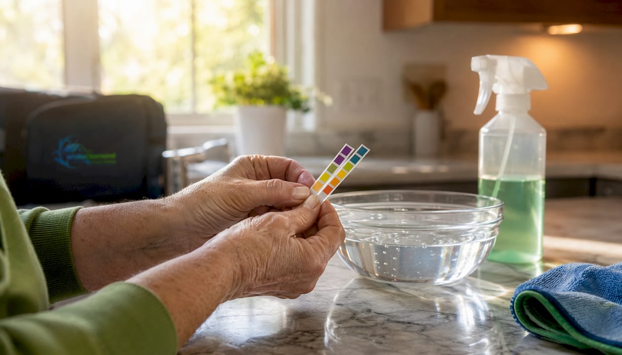 Close-up of hands holding pH test strips near cleaning liquid