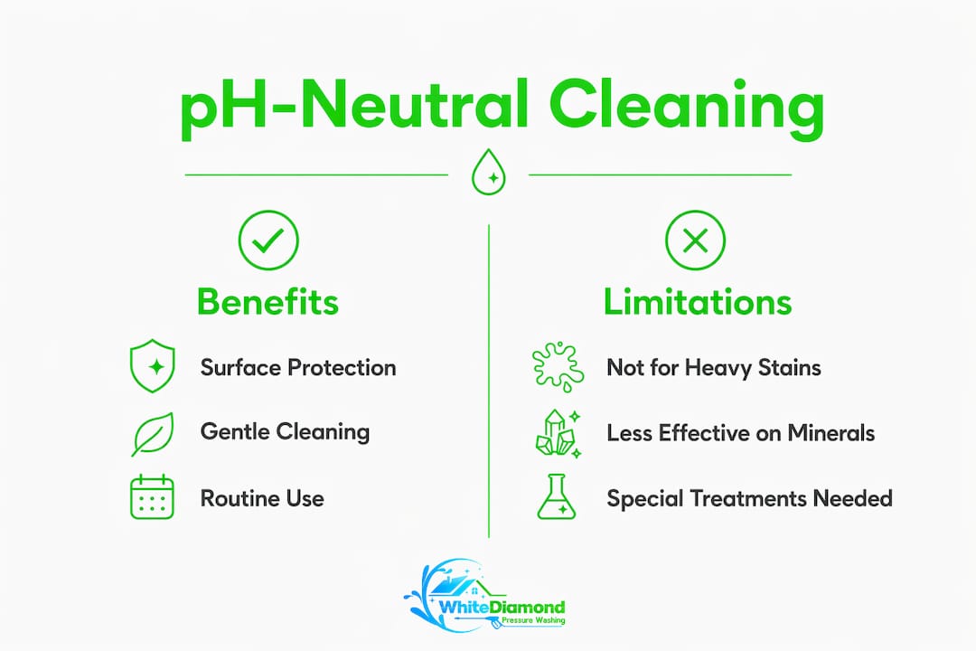 Infographic comparing benefits and limitations of pH-neutral cleaners