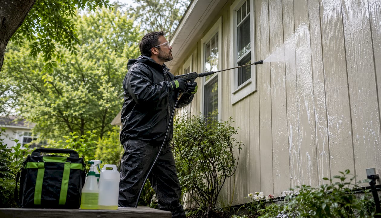 Technician soft washing house siding