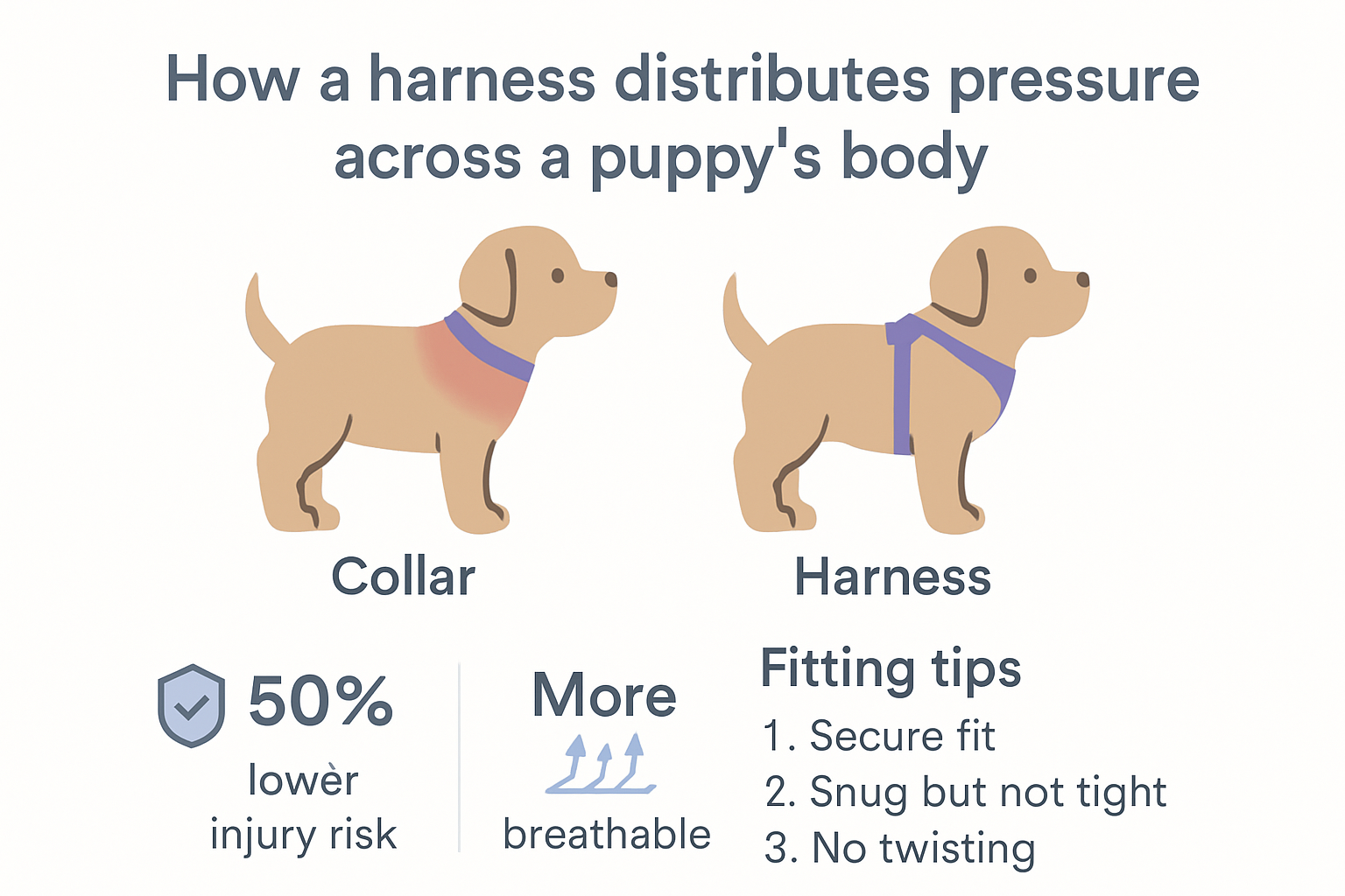 Infographic comparing dog harness and collar pressure on puppies