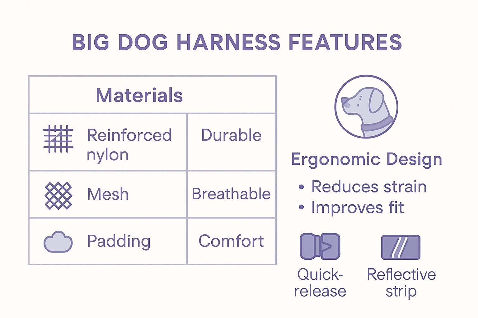 Infographic comparing big dog harness materials and features