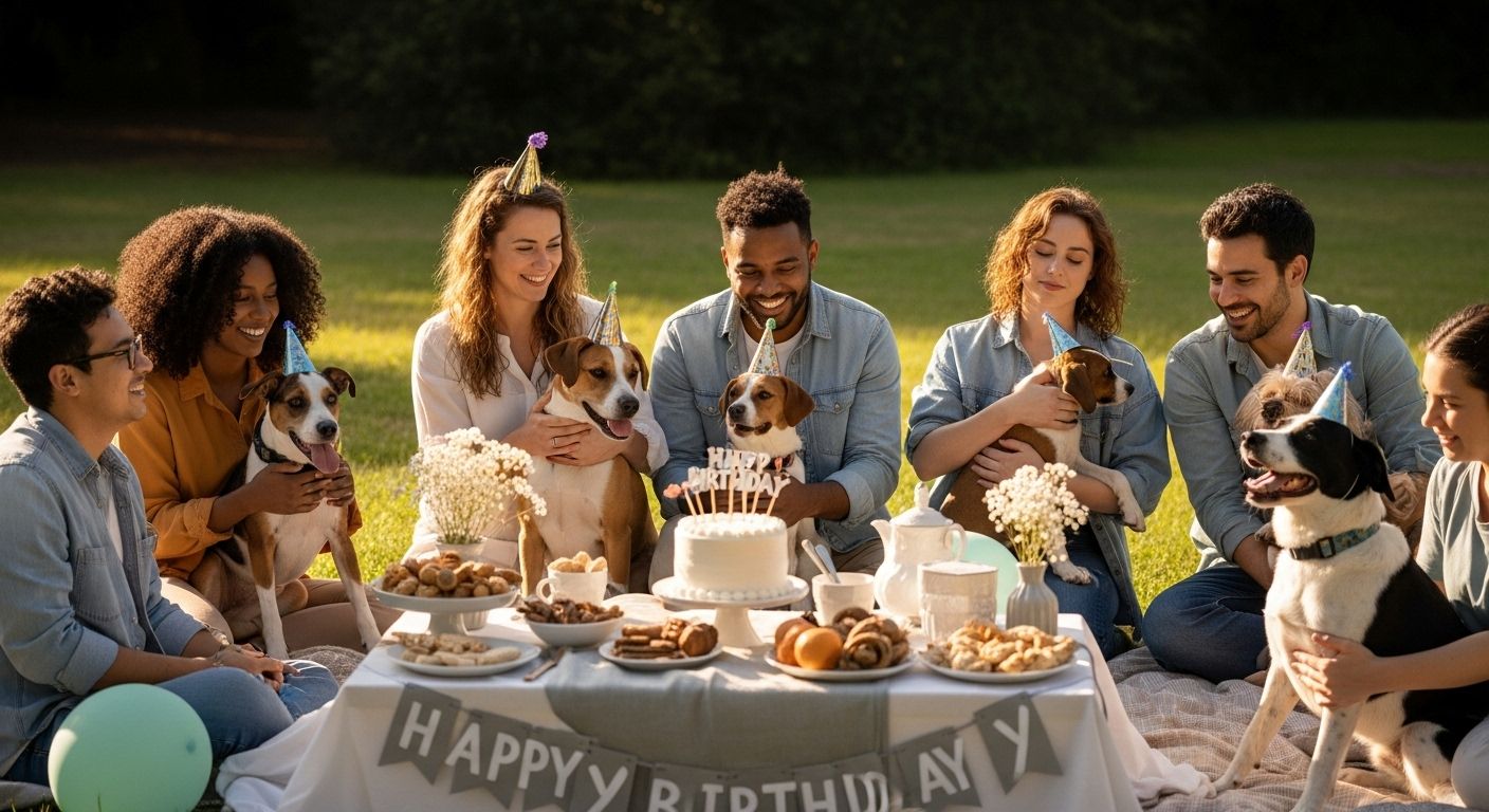 dog birthday party, dogs and owners, outdoor celebration