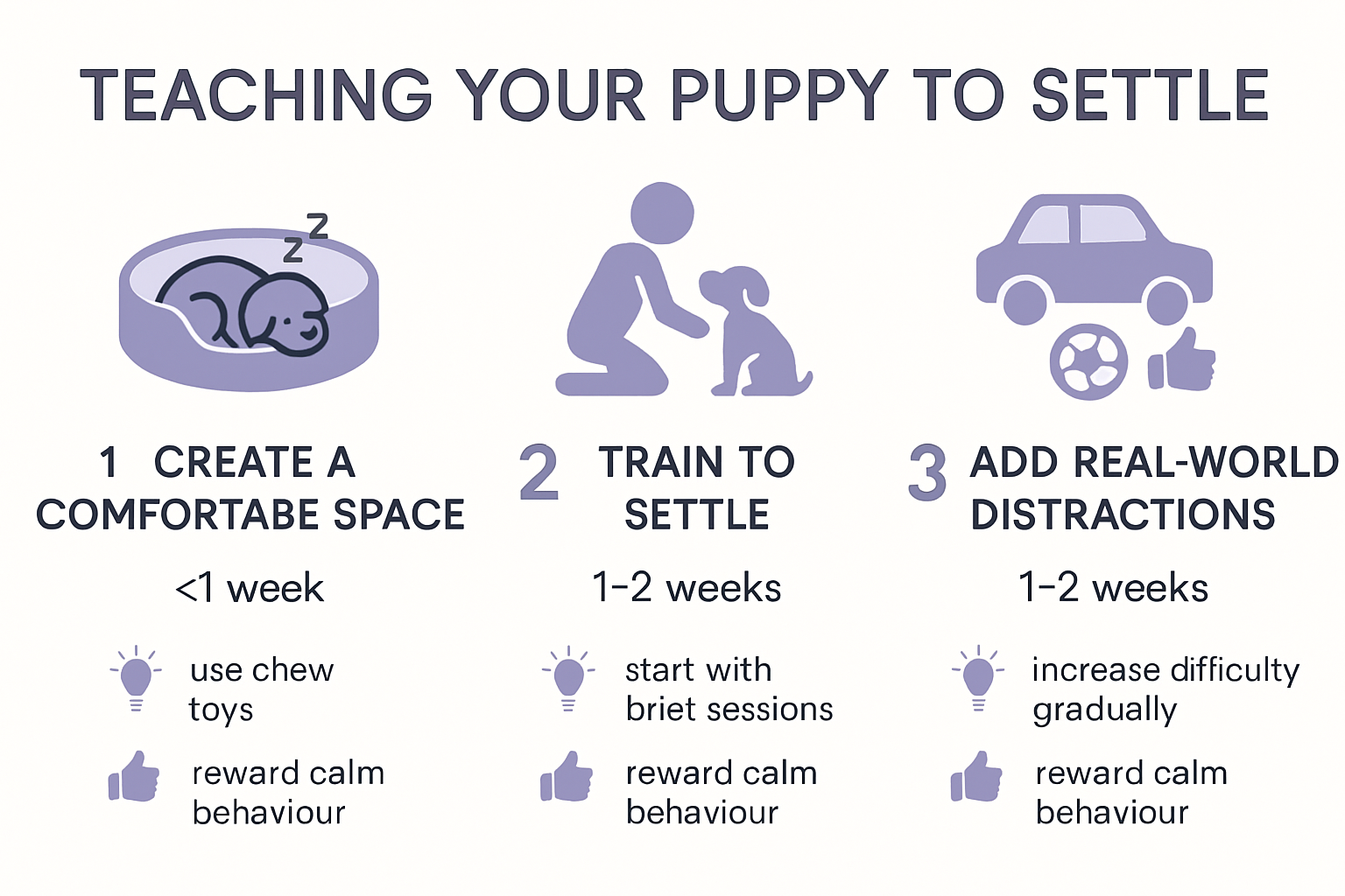 Step-by-step settle training process for puppies, including setup, cues, reinforcement, practice, and distractions