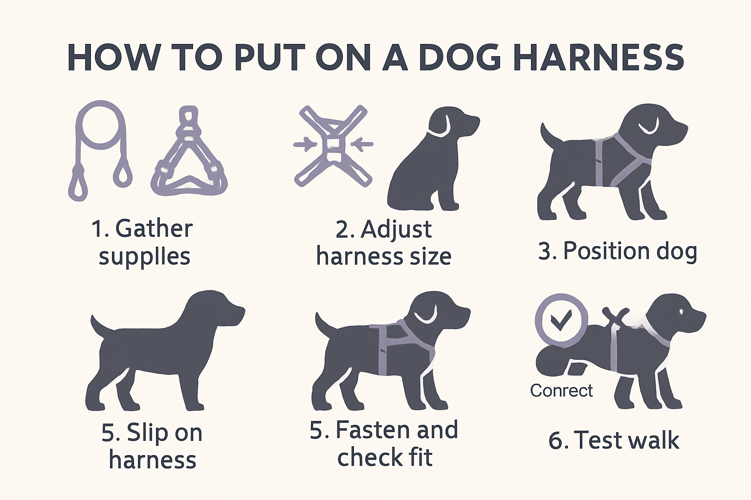 Infographic showing 6 steps to fit a dog harness correctly