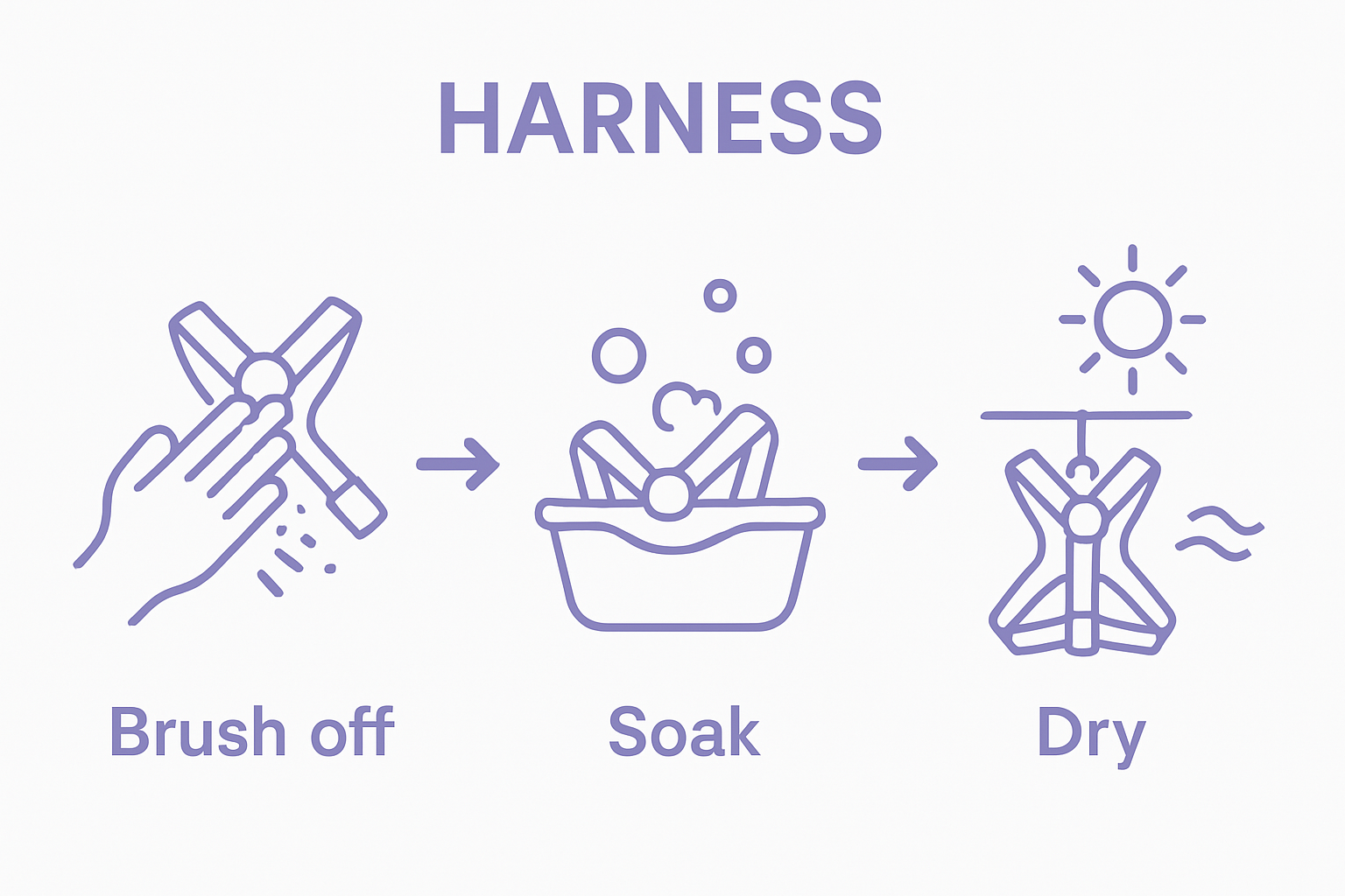 Step-by-step dog harness cleaning infographic showing brushing, soaking, and drying.