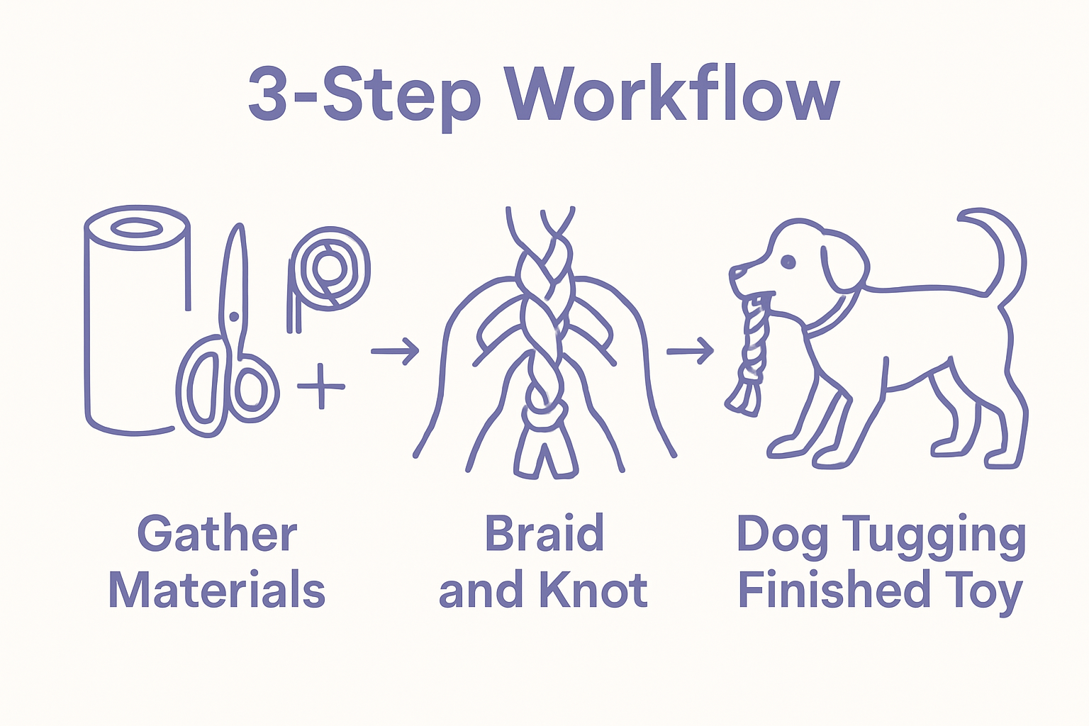 Simple three-step infographic: gather materials, braid and knot, dog playing with finished toy.