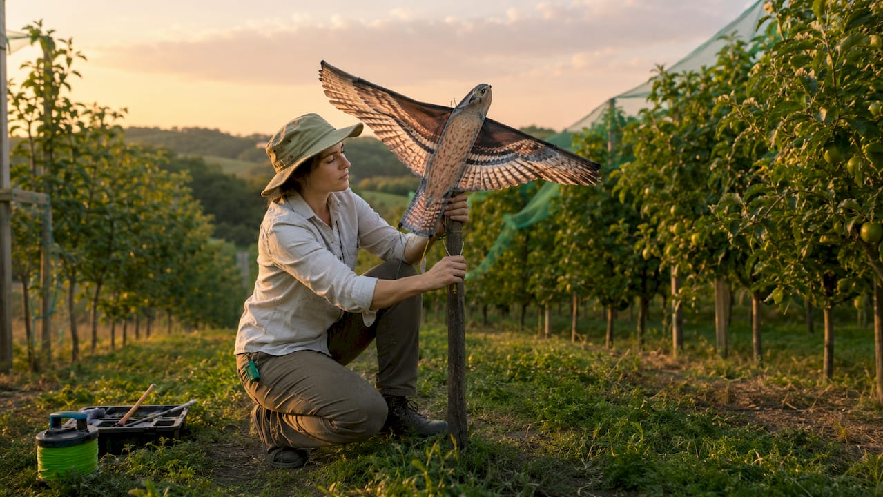 Technician setting up visual bird deterrent in orchard