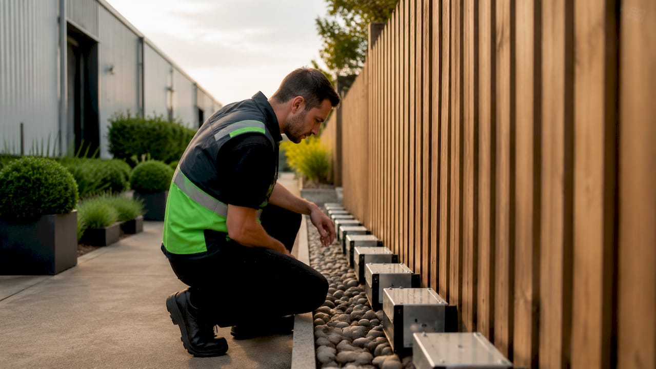 Technician inspecting pest control traps at warehouse