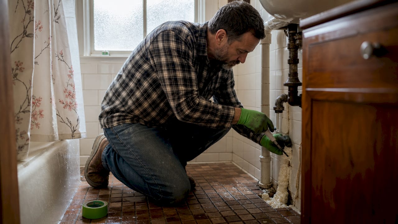 Handyman sealing gaps in kitchen cabinet pipes
