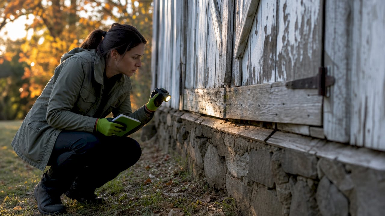 Technician inspecting rural farm building for pests