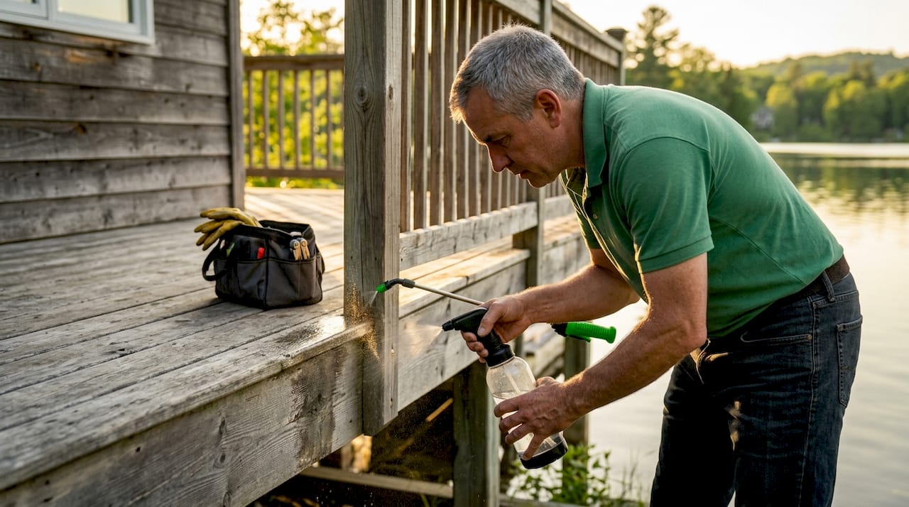 Close-up of pest barrier spray application outdoors