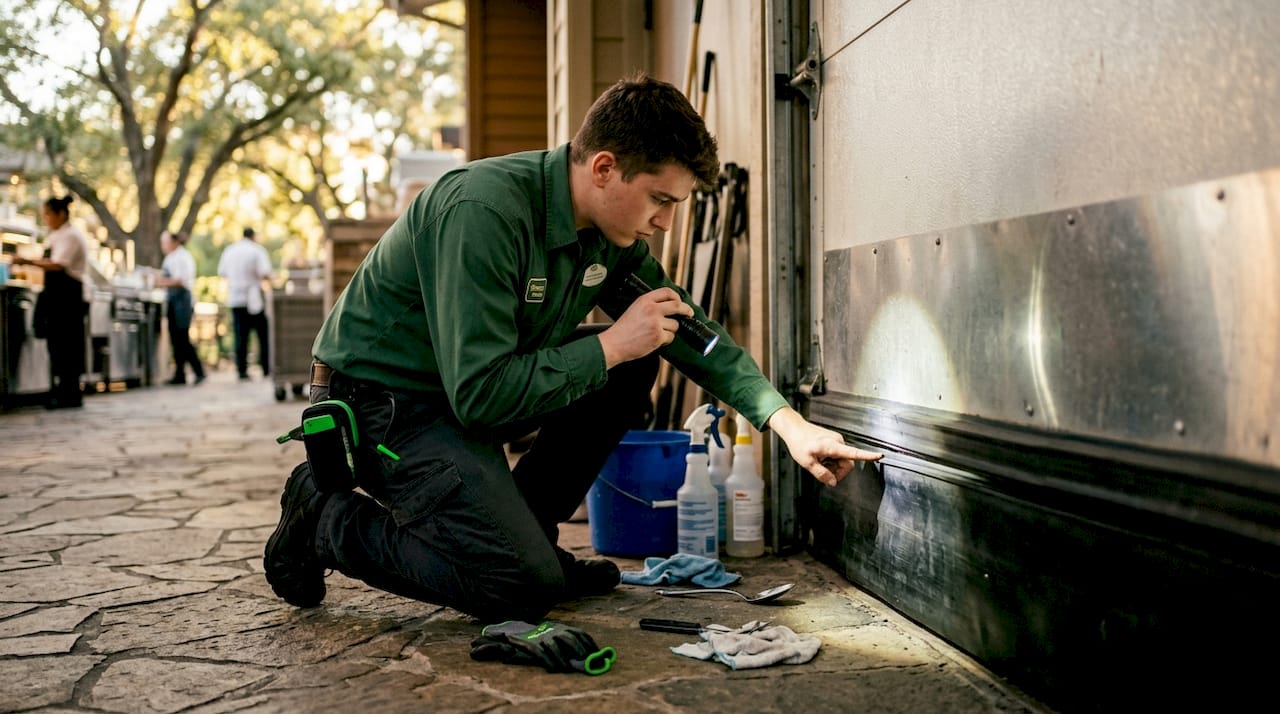 Staff inspecting kitchen door for pest entry points