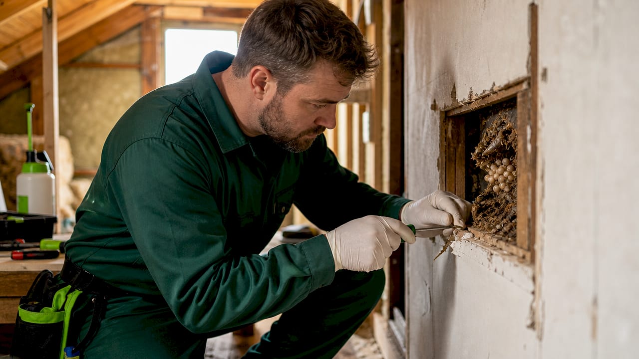 Technician examining pest nest in wall cavity