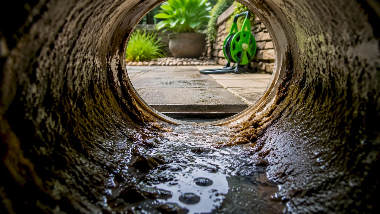 Close-up of organic biofilm inside drain pipe