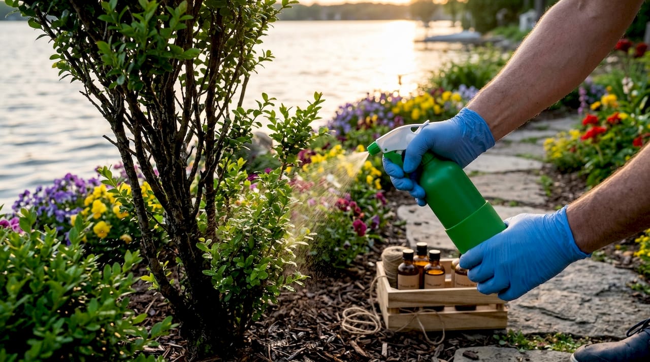 Hands applying botanical pest control at waterfront garden