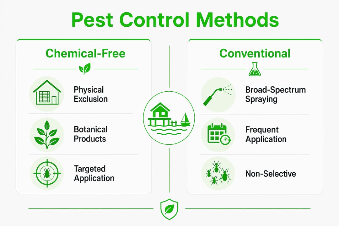 Infographic comparing chemical-free and conventional pest control methods near waterways