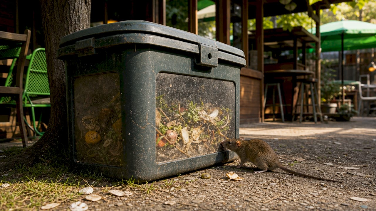 Covered waste bin preventing rodent access
