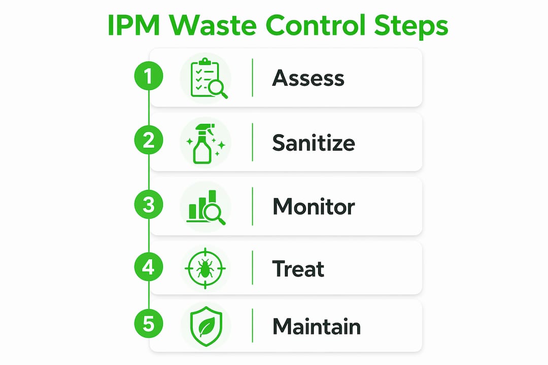 Infographic illustrating steps of integrated pest management with waste control