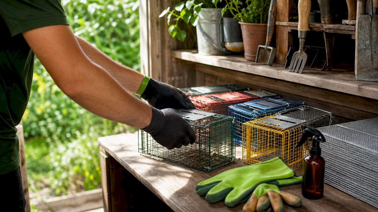 Close-up of pest control tools and hands preparing trap