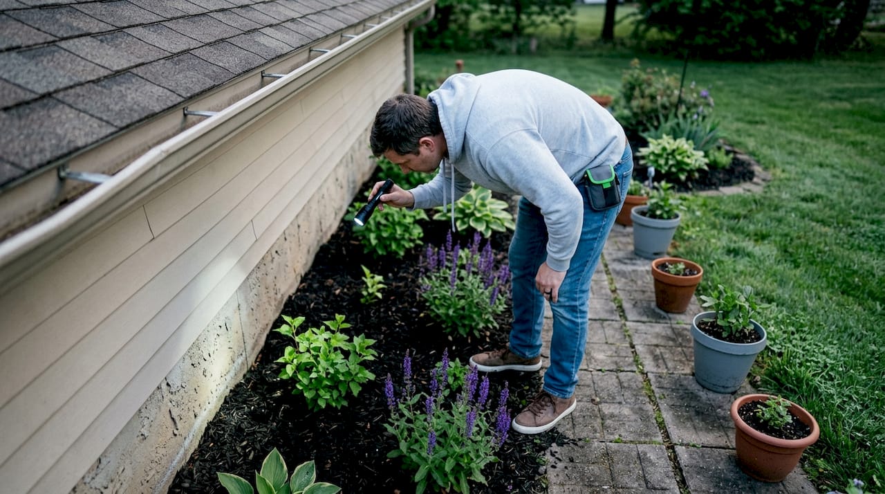 Homeowner inspecting house perimeter at dusk with flashlight