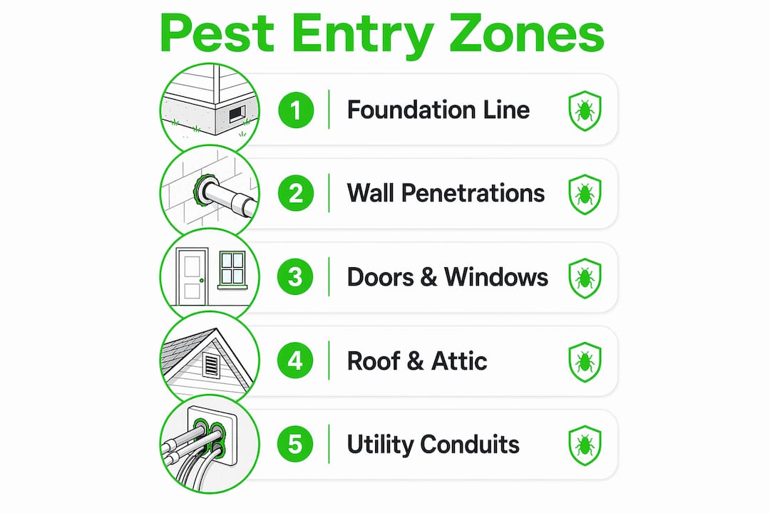 Infographic illustrating key pest entry zones on buildings