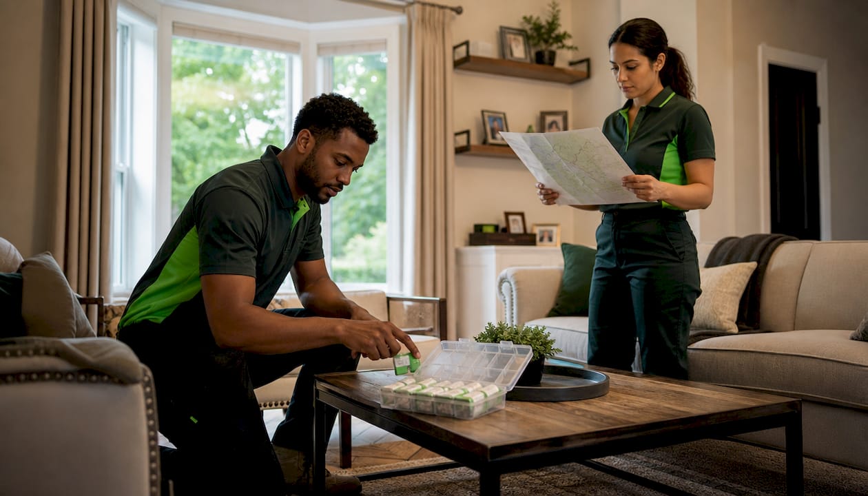 Technicians preparing safe pest control in kitchen