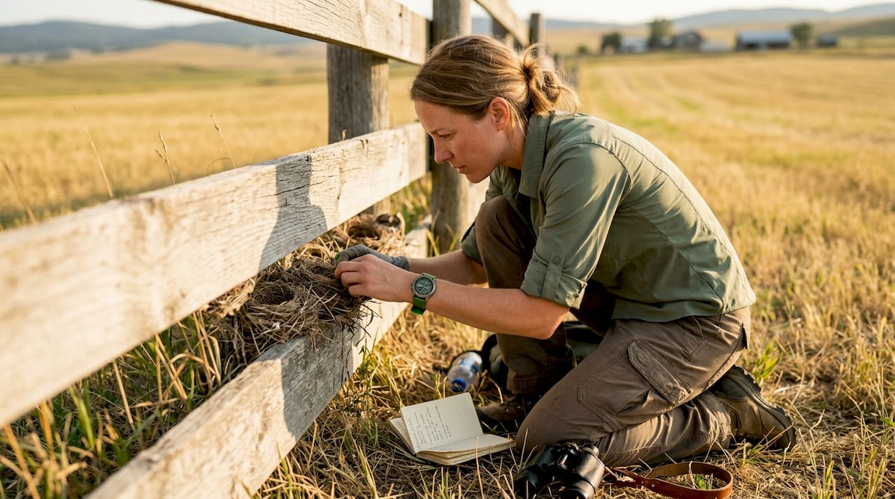 Biologist examining native bird nests under shed eaves