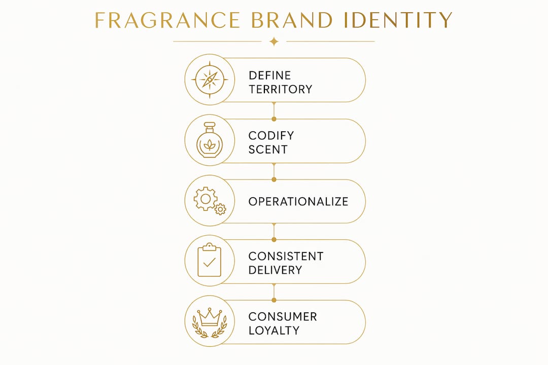 Infographic showing five steps of fragrance brand identity building