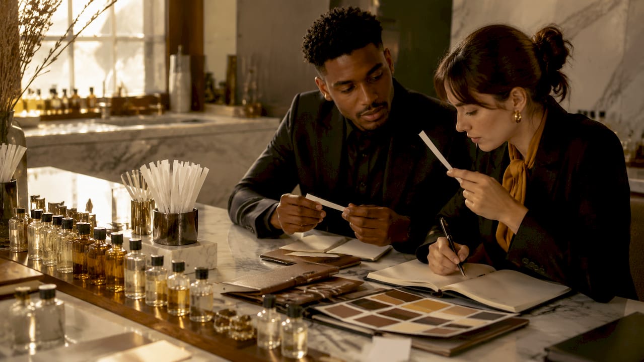 Overhead view of teamwork crafting fragrance brand identity