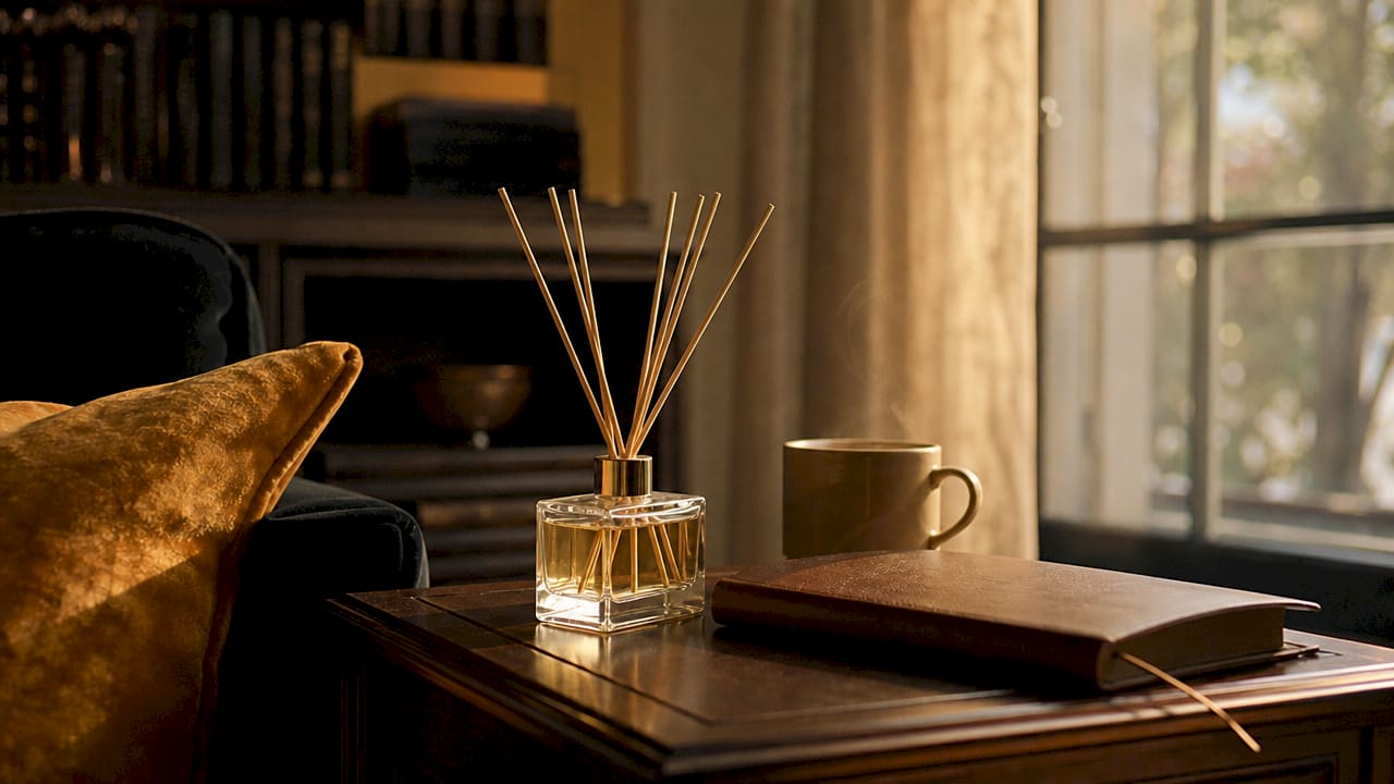 Close-up of reed diffuser in minimal bedroom
