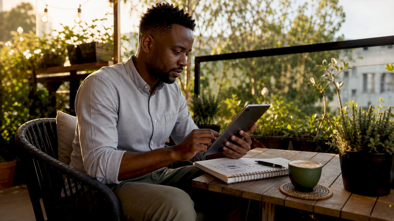 Man building email list at outdoor café table