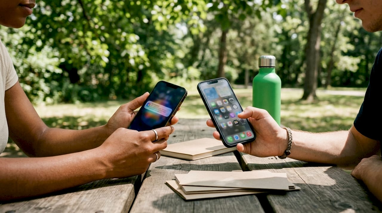 Hands holding smartphones receiving notifications