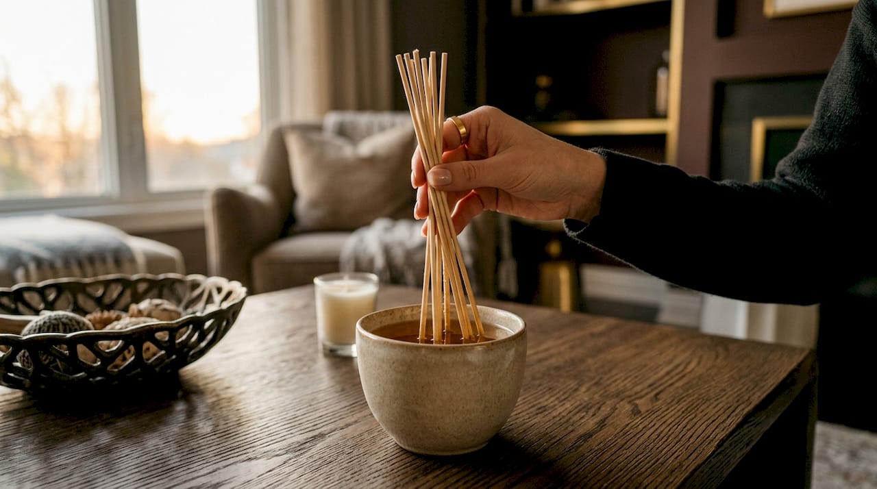 Hand holding premium rattan diffuser reeds over vessel