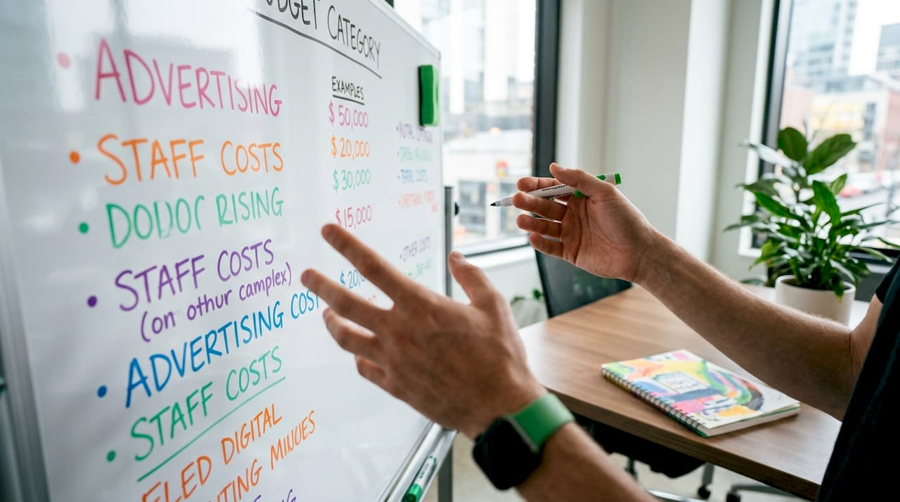 Hands reviewing marketing budget category spreadsheet