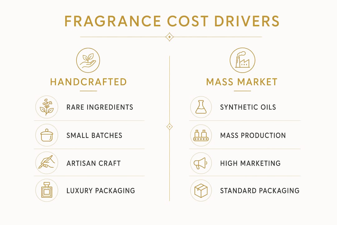 Infographic comparing handcrafted and mass-market fragrance costs
