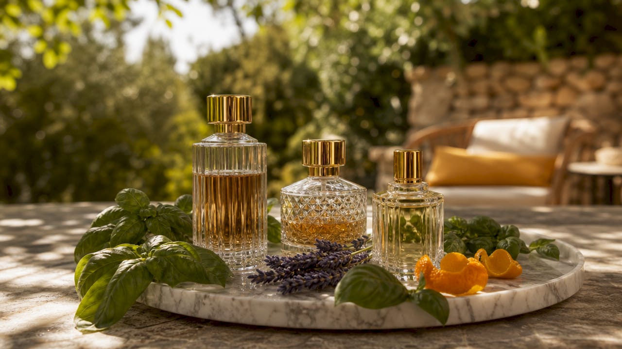 Perfume bottles showing scent pyramid layers