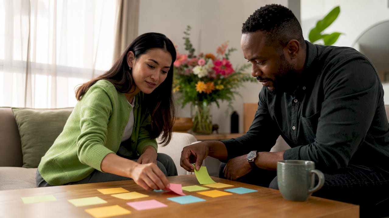 Hands placing sticky notes for marketing strategy