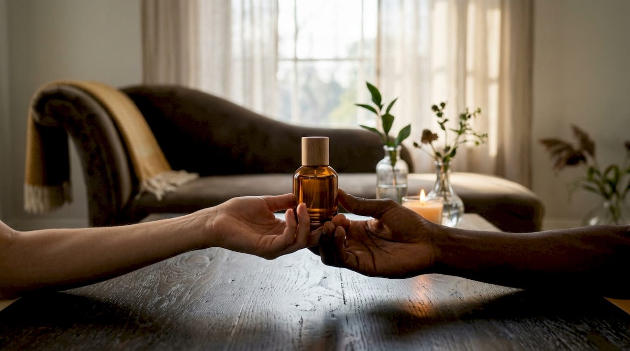 Hands holding amber lifestyle perfume bottle