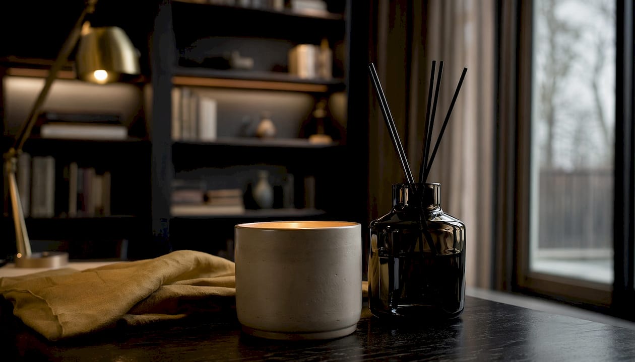 Close-up of minimalist fragrance vessels on countertop