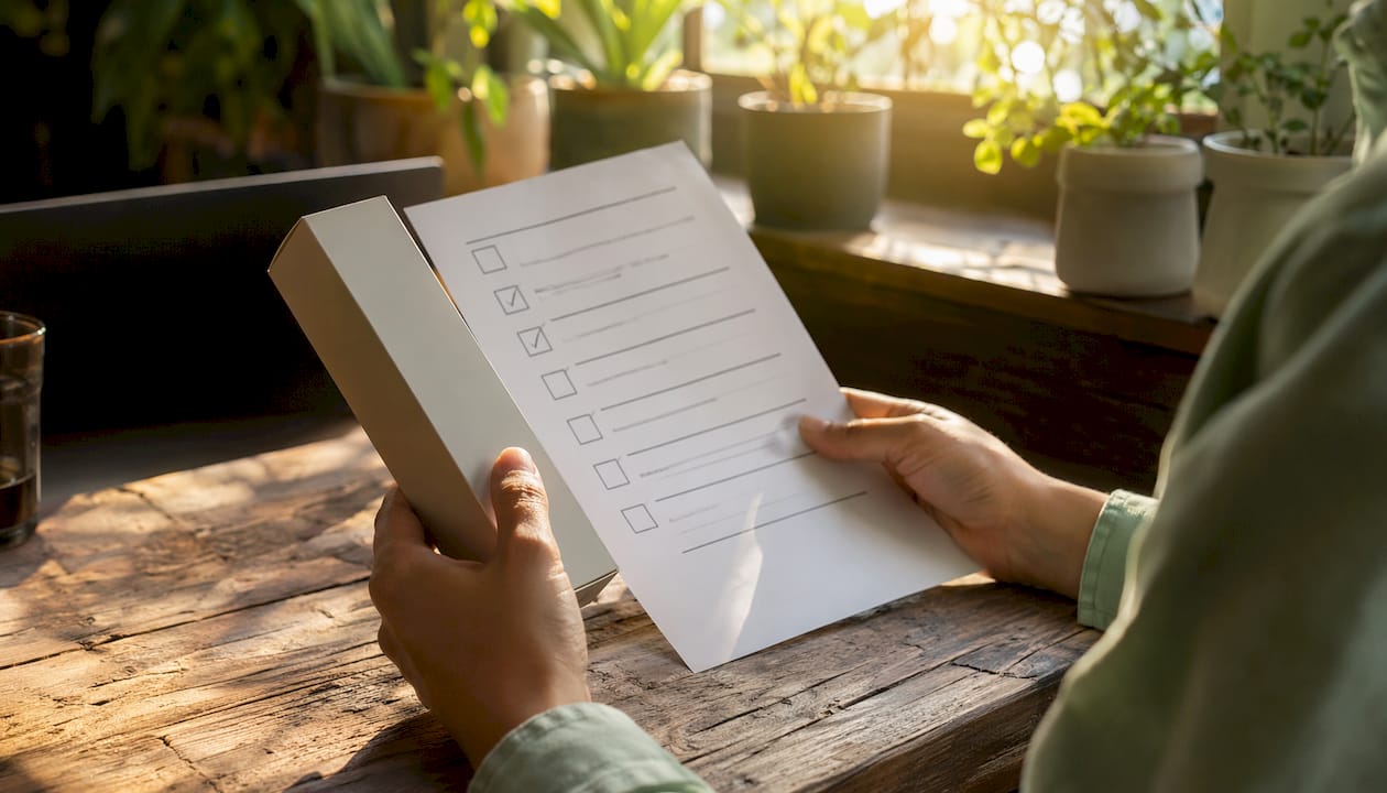 Hands assessing product quality checklist in studio