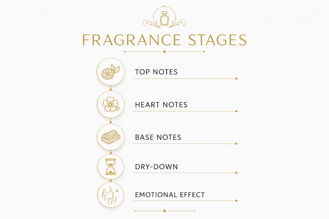 Infographic illustrating fragrance scent stages over time