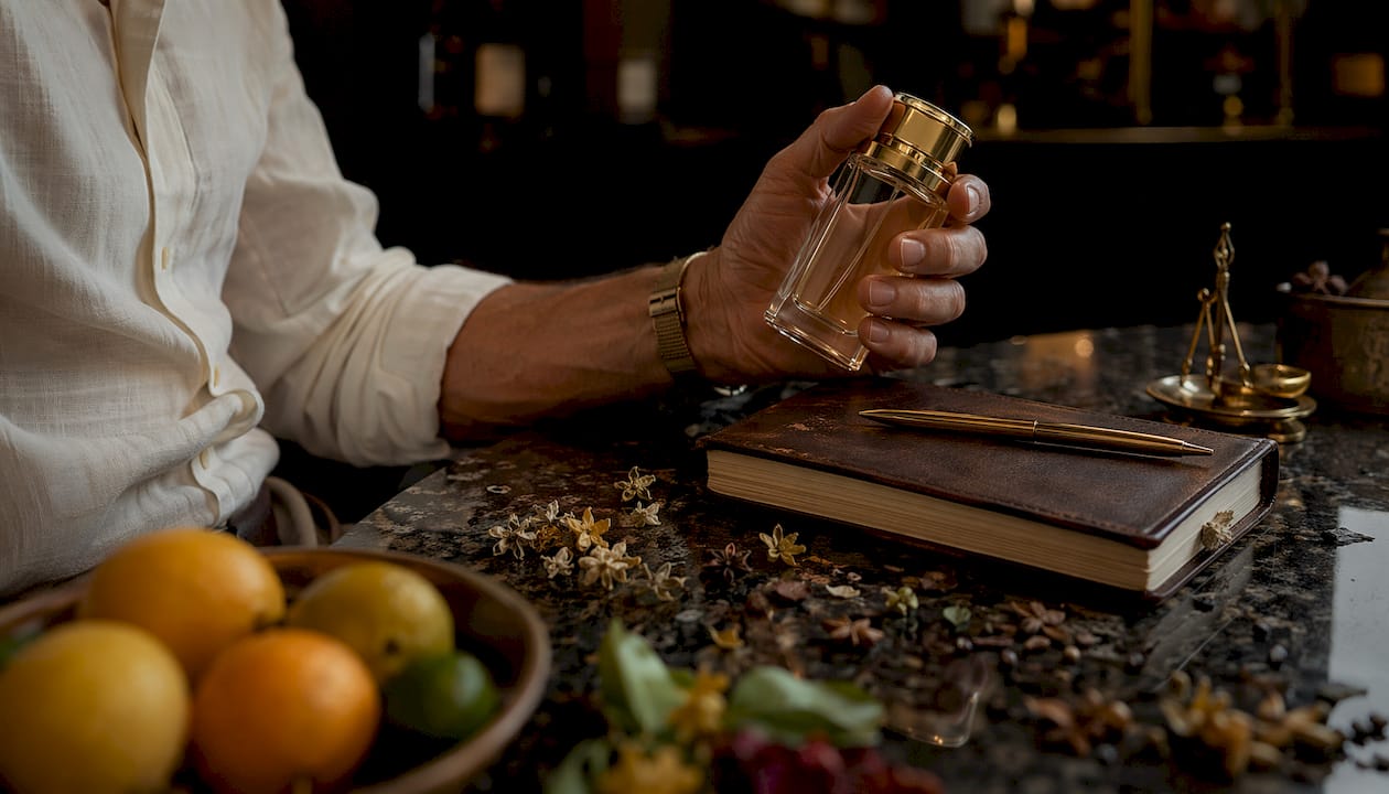 Hand holding perfume bottle with scent journal nearby