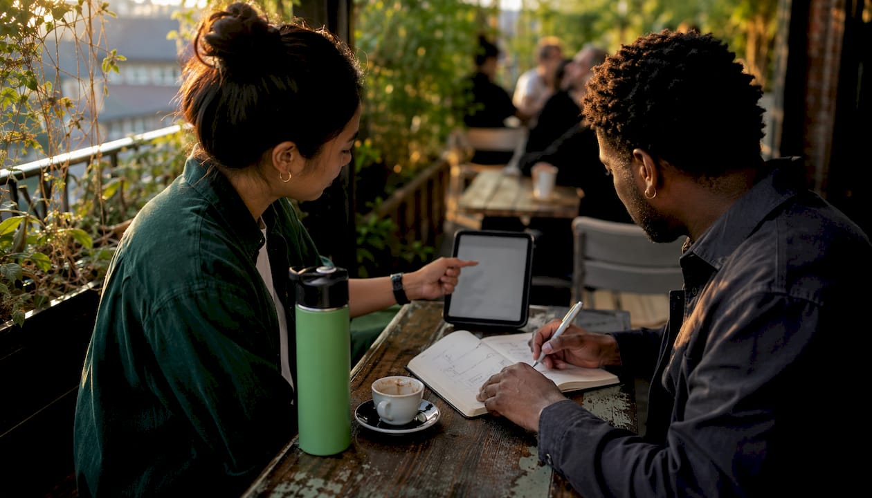 Two people discussing abandoned cart recovery in coffee shop