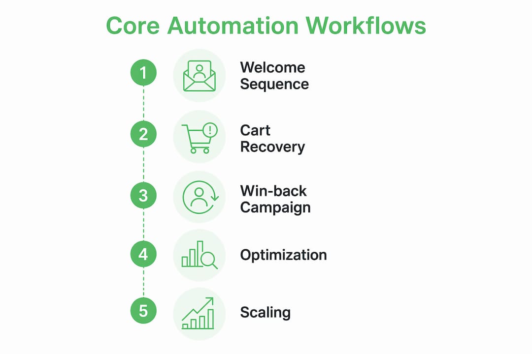 Infographic illustrating core marketing automation workflows sequentially
