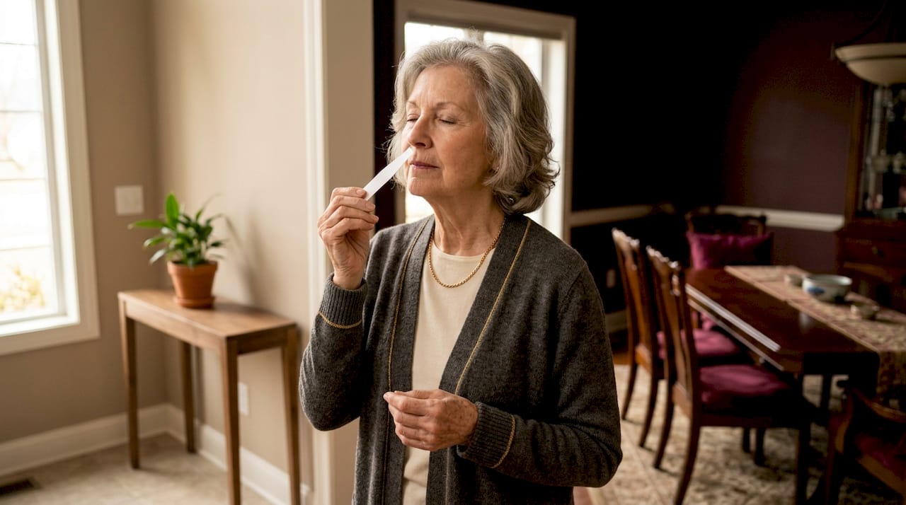 Elderly woman smelling fragrance sample in doorway
