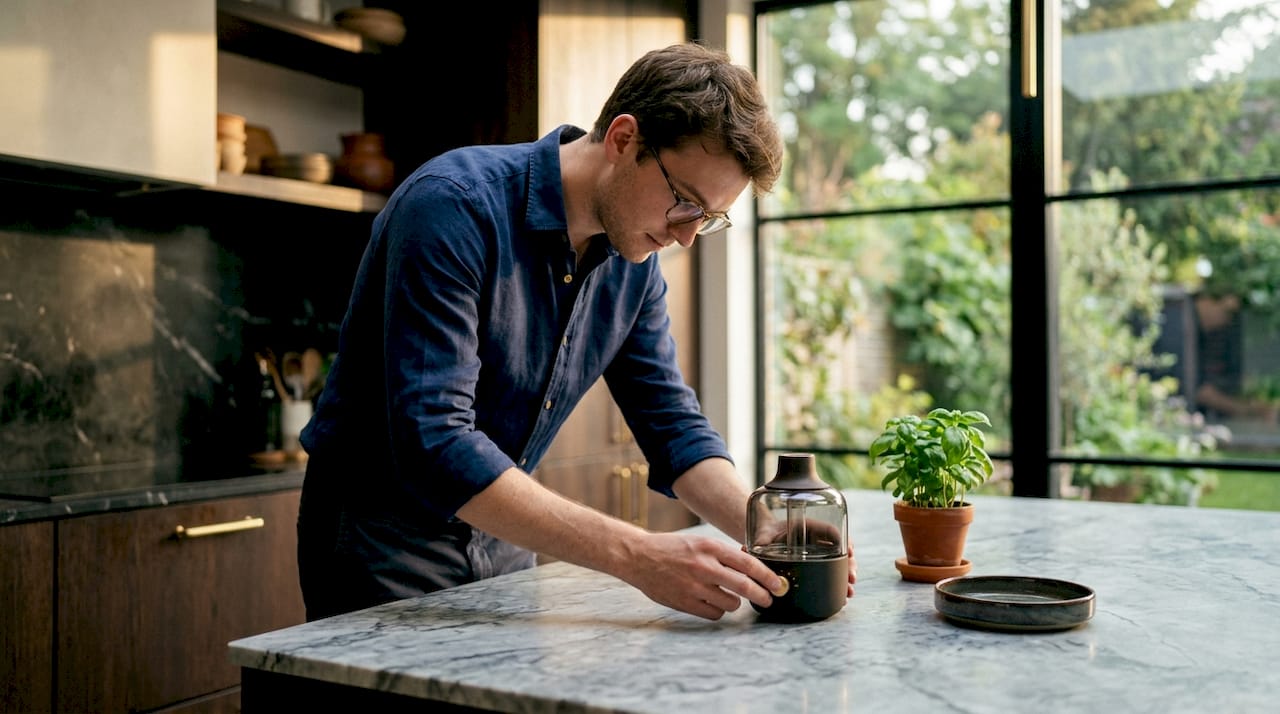 Man adjusting diffuser in open-plan apartment